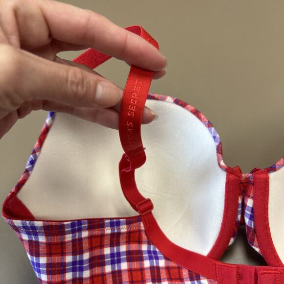Victoria's Secret Bra 36DD Lined Perfect Coverage Red Purple Plaid Cotton - Picture 3 of 6